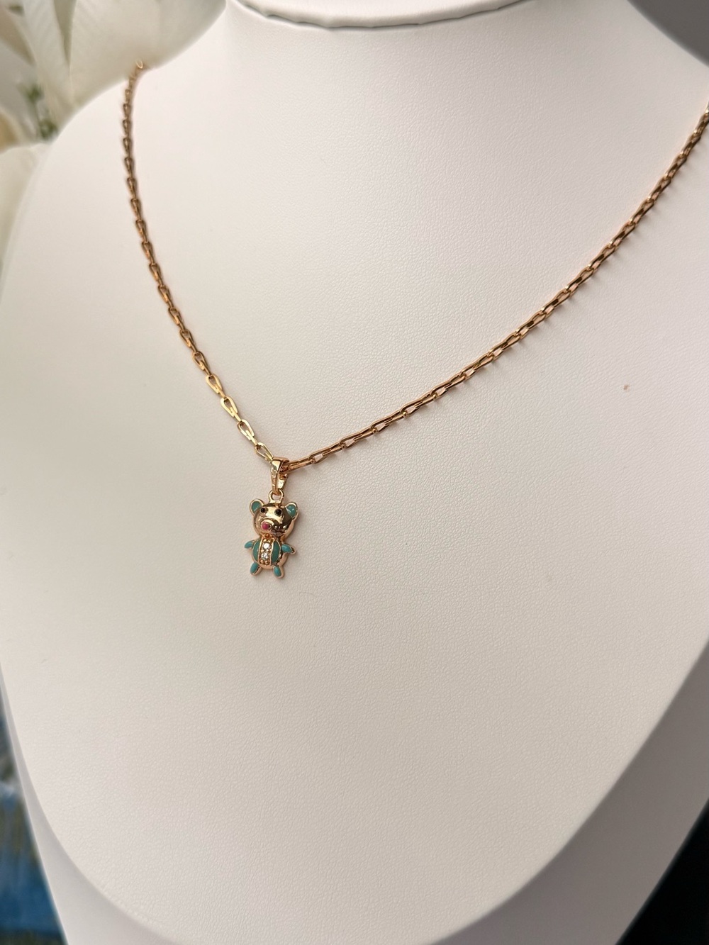 Gold Teddy Bear Pendant Necklace with Turquoise Accents